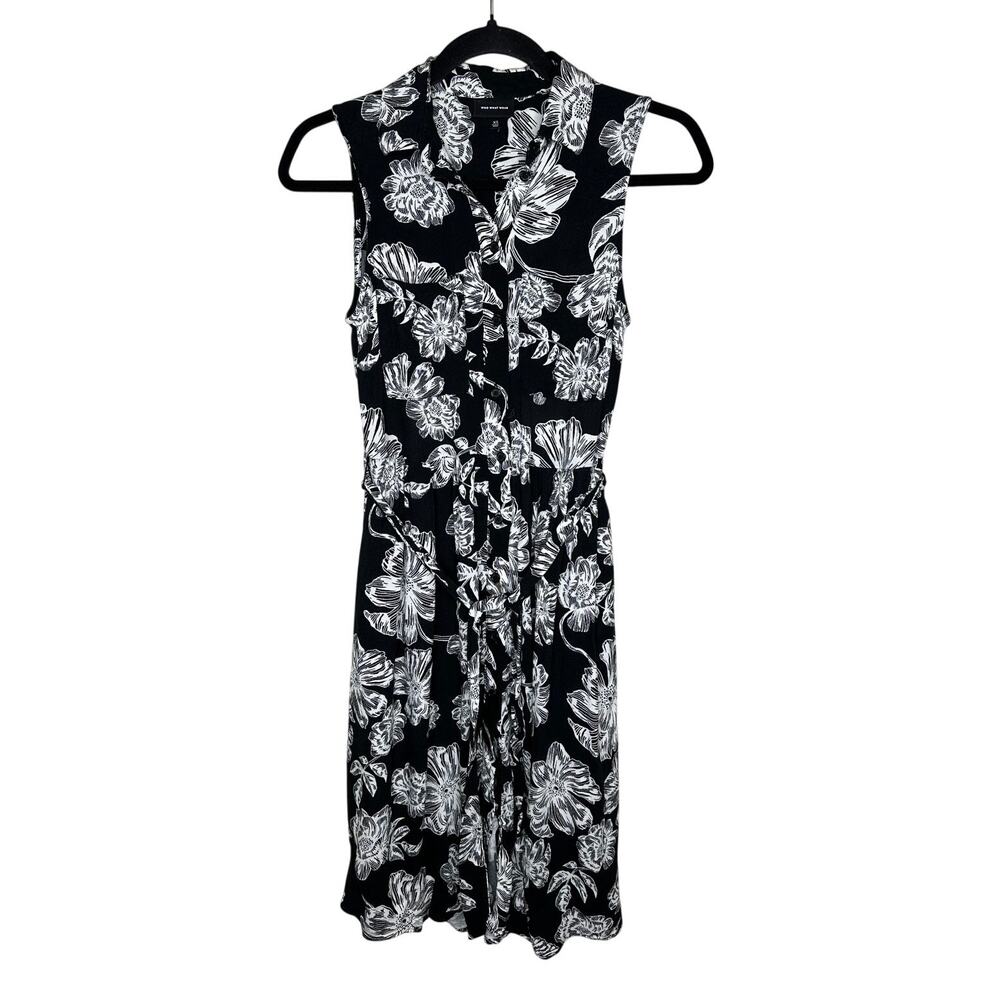 Who What Wear Black White Floral Midi Dress XS Sleeveless High Low Hem Pockets